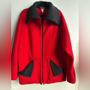 Vintage-Style Oversized Fleece Jacket – Bold Red & Charcoal Sherpa Plus Size 1XL